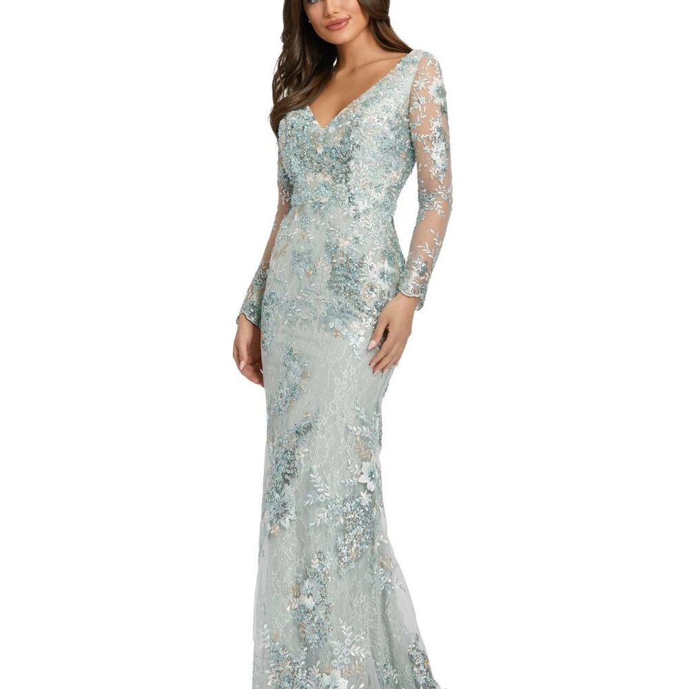 NWT MAC DUGGAL EMBELLISHED V NECK ILLUSION LONG SLEEVE GOWN 67539 SEA MIST - Picture 3 of 11